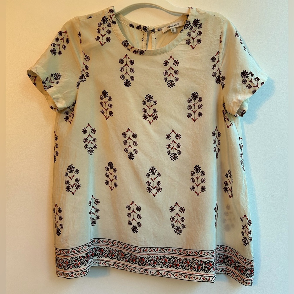 Madewell 100% Silk Peasant Floral Short Sleeve Blouse
